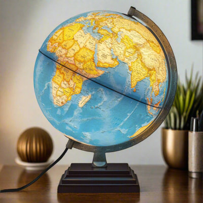Globe terrestre de bureau bleu Odyssey de 12 pouces avec éclairage DEL, base en bois, méridien en métal