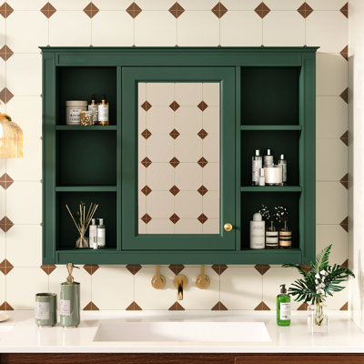 Armoire de rangement murale avec miroir et 6 tablettes ouvertes