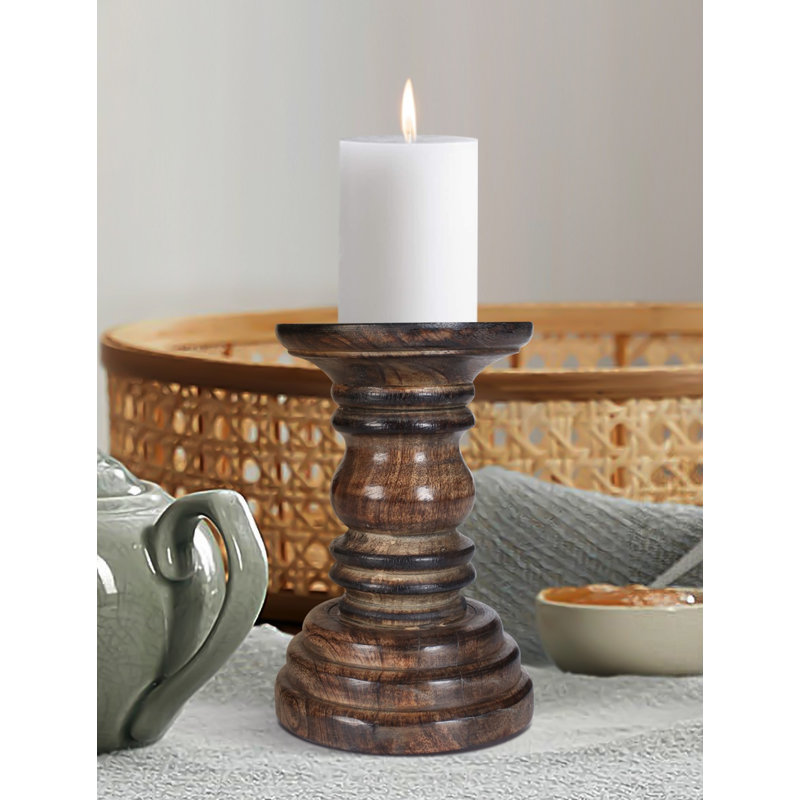 Wood Candlestick, 13cm H x 10cm W x 10cm D