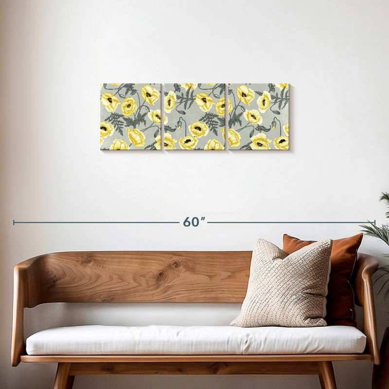 " Yellow Poppy Vines " by Blush And Blooms 3 - Pieces, 12" H x 38" W x 1.25" D