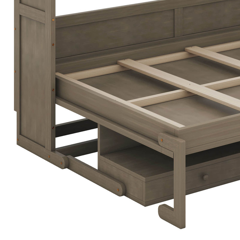 Lit escamotable avec bureau de coiffeuse, miroir central et 2 tiroirs latéraux, Gris
