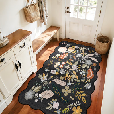Hallway Runner Rug Washable: Extra Long Floral Scalloped Carpet Runner Non Slip Boho Rug Runner for Indoor Entryway Stain Resistant Rug Runners for Living Room (Black)