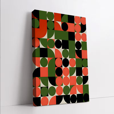 1PC Wall Arts Posters Framed, Modern Abstract Geometric Canvas Wall Art with Bold Red Green Black Circular and Square Patterns Contemporary Home Decor