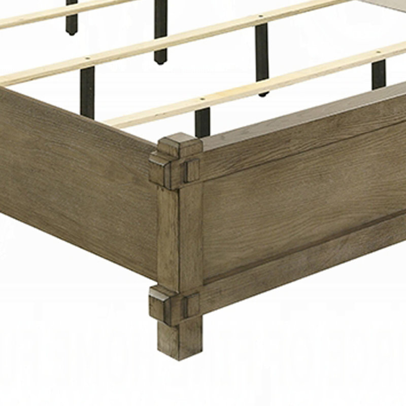 Grand lit Cera, tête de lit à panneau et rails supérieurs, brun chêne antique