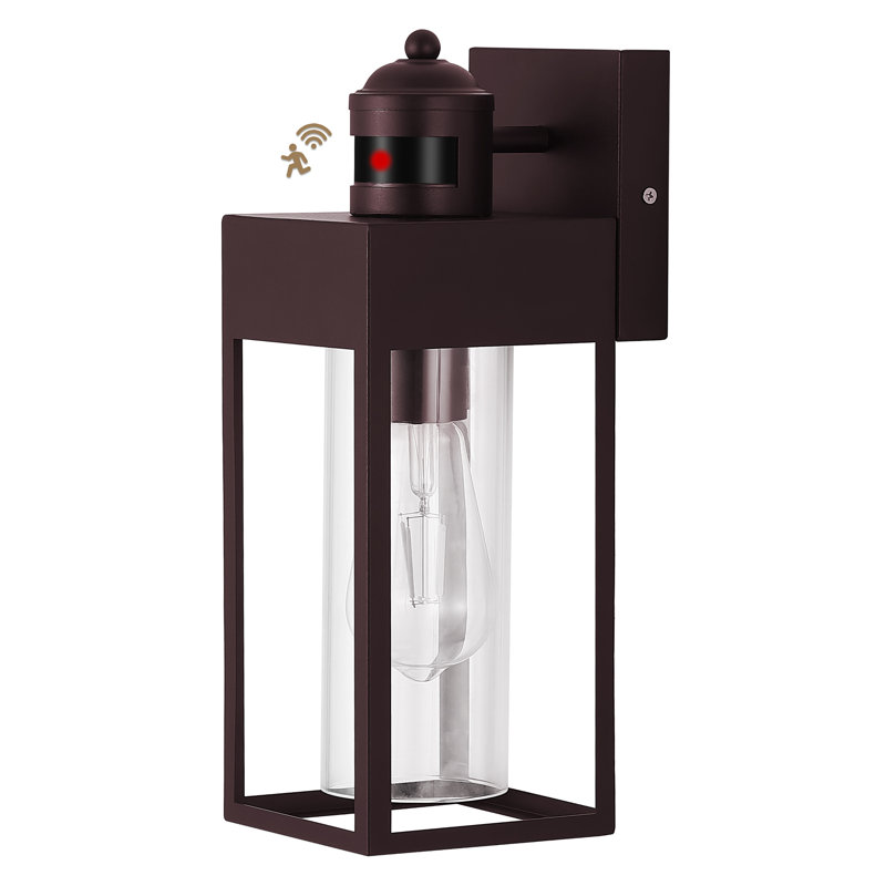 Motion Sensor Outdoor Wall Sconce, Rectangular Metal Frame With Tempered Glass Shade, Waterproof Exterior Lantern For Garage Entryway Yard