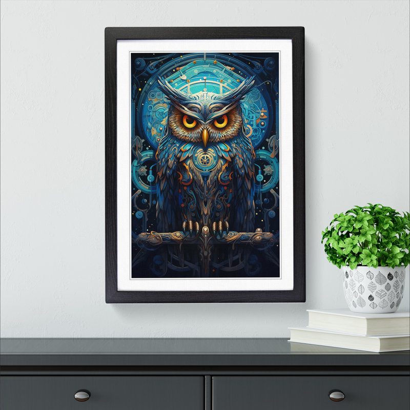 Owl Futurism No.2 - Single Picture Frame Print on Wood, Black, 34cm H x 25cm W x 2cm D