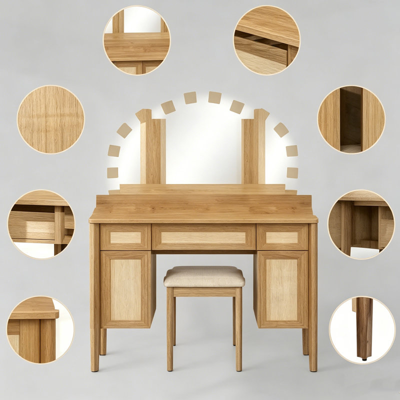  Meuble-lavabo avec 13 ampoules Hollywood et 3 modes d'éclairage, coiffeuse avec miroir à trois volets, 5 tiroirs et tablettes de rangement avec station de charge pour la chambre à coucher, naturel