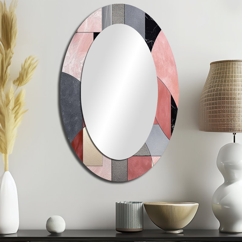 Pink Transcendent Angles II - Abstract Oval Decorative Mirror On Metal, 36" x 24"