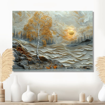 Coucher de soleil doré, automne, bouleau sauvage, rivière argentée - arbre, décoration murale