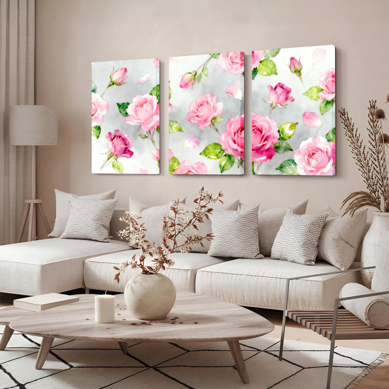 Ensemble de 3 toiles murales à motifs floraux aquarelle de roses roses, H 18 po x l 36 po