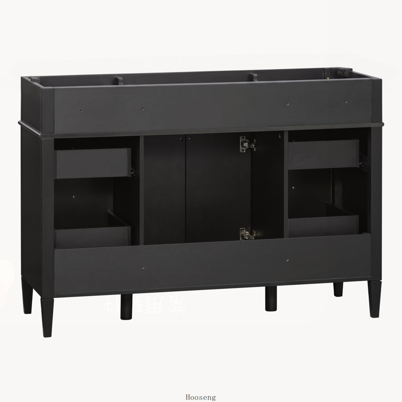 Base de meuble-lavabo autoportant 48 po seulement, base en bois aggloméré avec 6 tiroirs et 2 portes, charnières à fermeture en douceur, poignées en métal argenté, noir