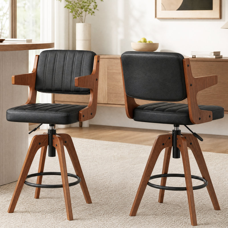 Adjustable Height Swivel Faux Leather Bar Stools(Set of 2), Black, 2