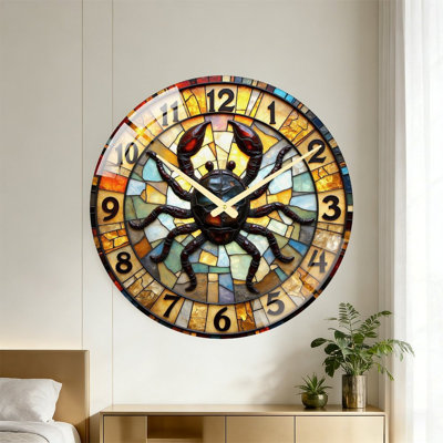 Stunning Decorative Crab Wall Clock with Colorful Mosaic Design Art - 24‘’ Modern Glass Wall Clock