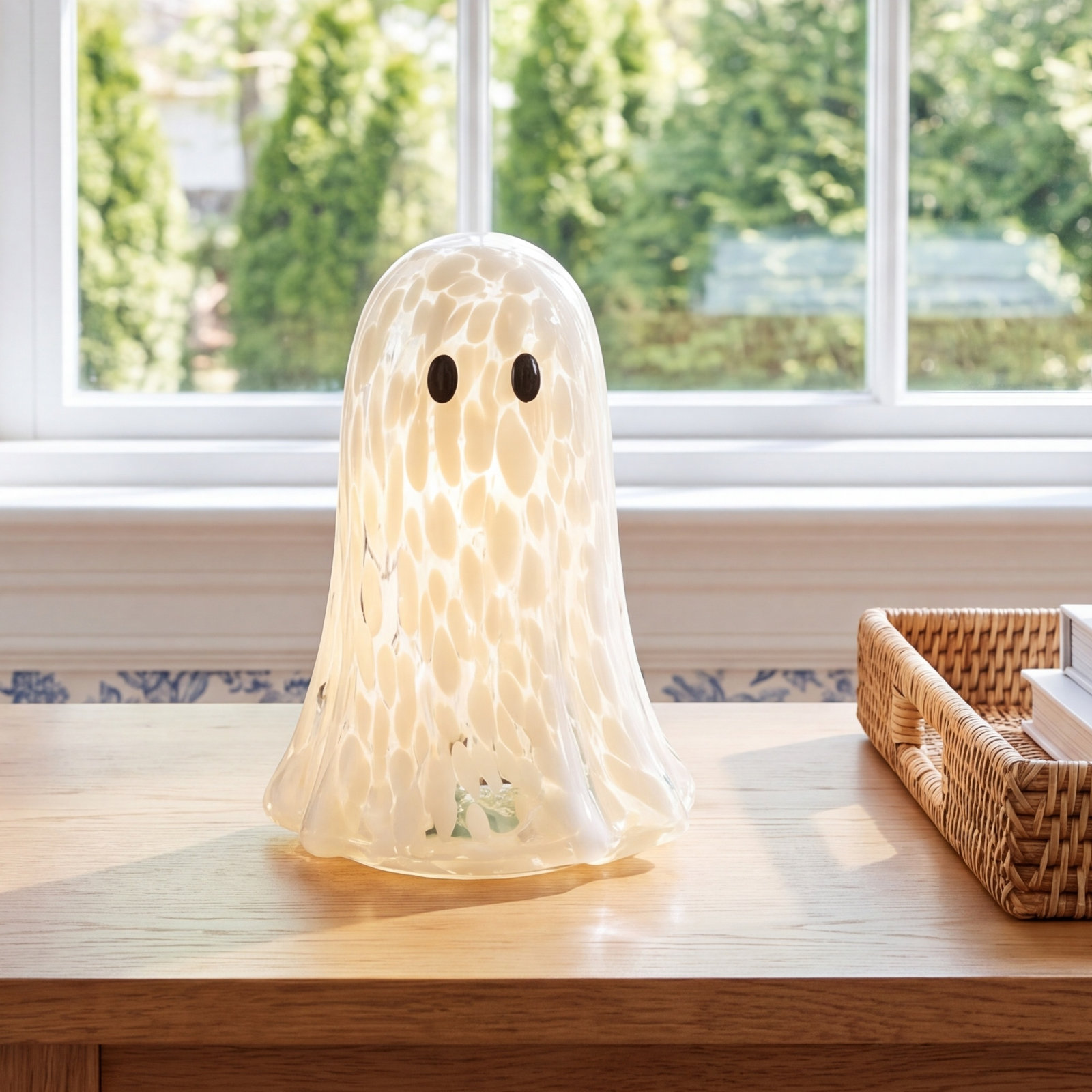 Lighted Glass Halloween Ghost with Timer 6.3"H