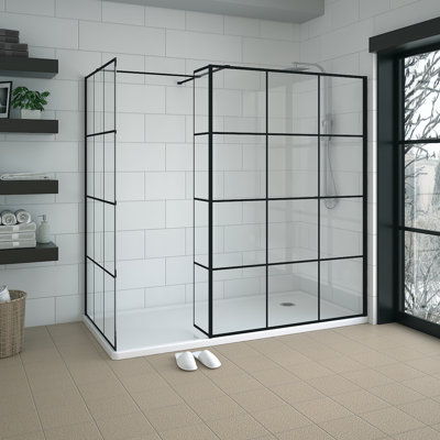 Black Grid Walk In Shower Enclosure Wet Room Glass Screen 1100mm & 1000mm with 215mm Return Panel
