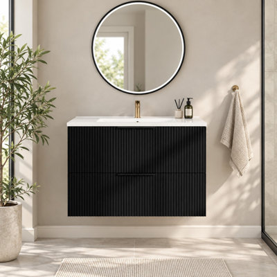 Meuble-lavabo suspendu cannelé de 76 cm (30 po) avec lavabo en céramique et 2 tiroirs, noir