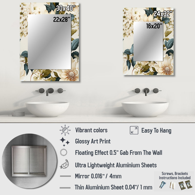 Afsaar crème délicat coquelicots fleurs - miroir mural floral, miroir décoratif floral, impression d'art en métal