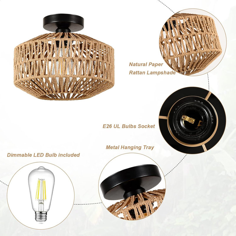 Boho Light Fixtures Ceiling Mount Mini Rattan Chandelier Light Fixture With Dimmable LED Bulb Hand Woven Ceiling Light Fixtures Flush Mount