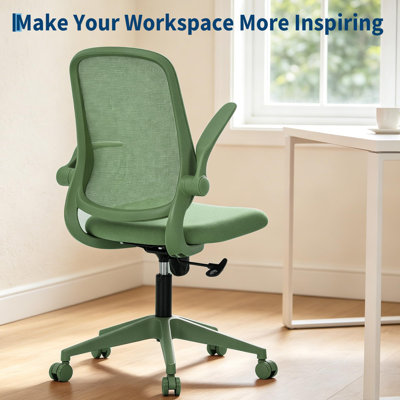 Chaise de bureau ergonomique en filet avec accoudoirs rabattables, chaise de bureau pivotante verte avec support lombaire et dossier en filet respirant pour le bureau personnel, dortoir