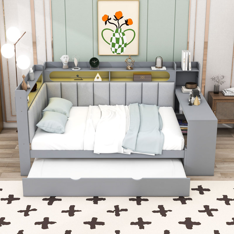 Full-Size Daybed with Built-in Storage, Desk, LED Lighting, and Charging Station, Gray