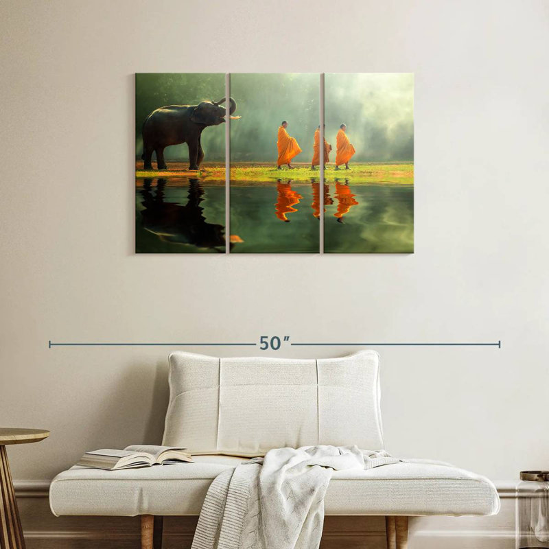 Adella Elephant And Monks, 24" H x 38" W