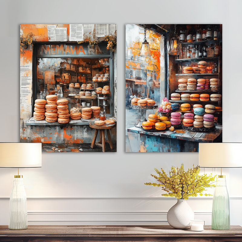 Orange et gris, desserts Macaroon Bar I - Dessert, ensemble de 2 reproductions d'art mural en métal, 32" H x 48" W