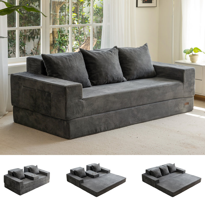 Boneless 4 In 1 Convertible Boneless Sofa Couch Foldable Floor Sofa Bed In A Box With 2 Cup Holders, Gray