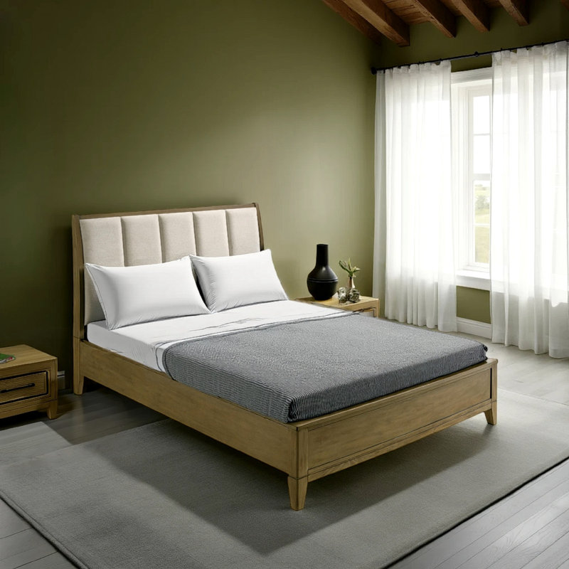 Heon Bed, Block Panel Headboard, Ivory Upholstery, Pine Wood, Grand