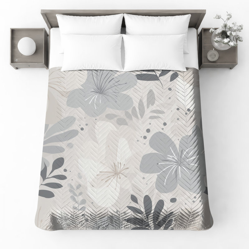 Couvre-lit matelassé gris à motif floral toutes tailles, Lit simple
