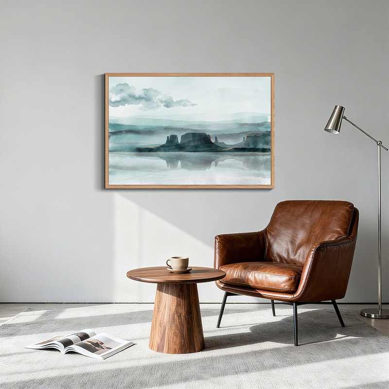 «Blue Watercolor Butte Landscape», art mural sur toile avec lignes dorées, H 32 po x l 48 po