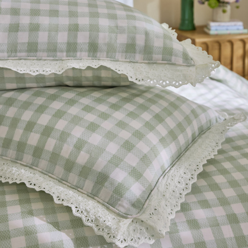 Painted Gingham Lace Reversible Cotton Duvet Cover Set, Double, Green