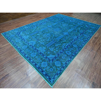 9'4"x12'9" Bayern Blue Overdyed with Touches of Navy, Peshawar with Heriz All Over Design, Distressed, Zero Pile, Hand Knotted, 100% Wool, Oriental Rug
