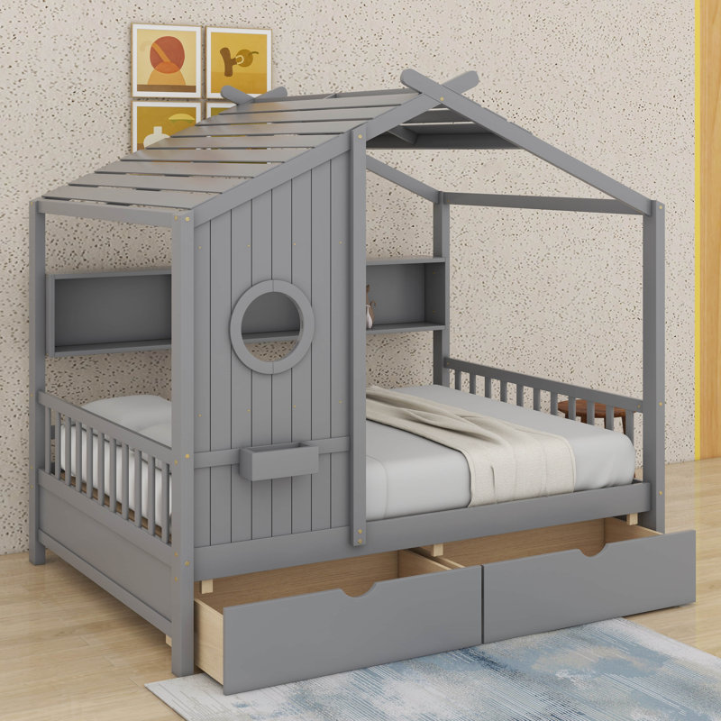 Lit double en bois avec tablettes de rangement et 2 tiroirs, Double