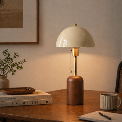Everdream Craft Mid-Century Mushroom Table Lamp With Cream Lacquered Dome And Black Walnut Wood Base, 16" Tall