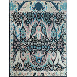 Hand Knotted Wool Damask Area Rug in Black/Camel/Blue/Pink
