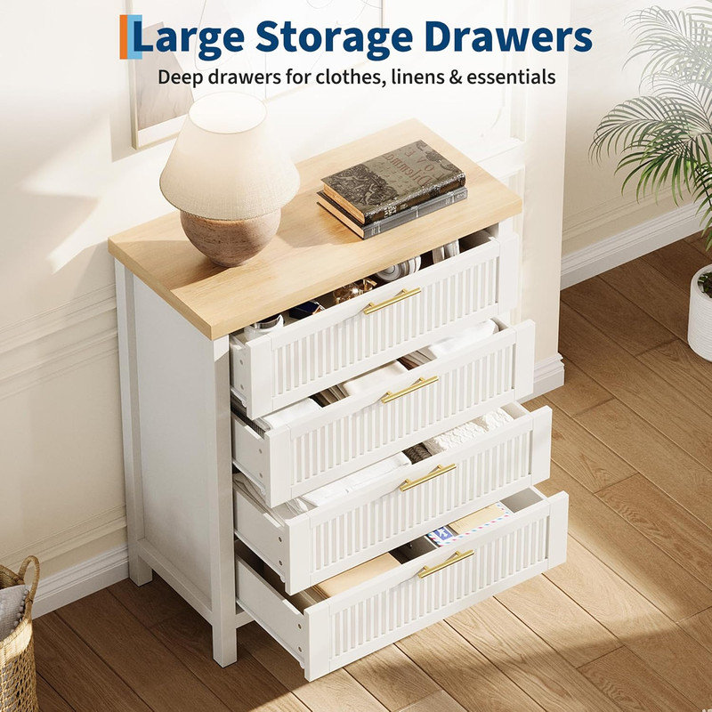 Commode cannelée en bois noire 35 po à 4 tiroirs pour rangement dans la chambre à coucher, Blanc