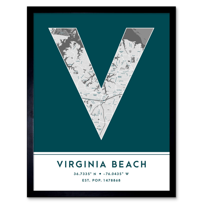 Virginia Beach City Map Virginia Beach Teal - Single Picture Frame Typography