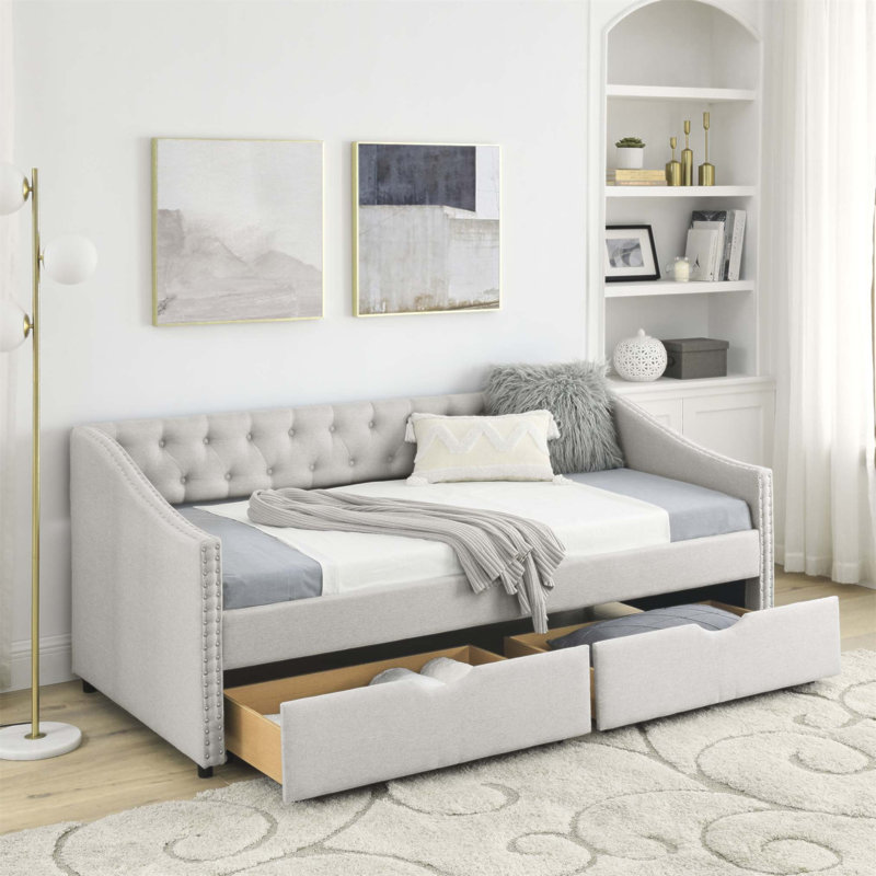 Daybed with Spacious Drawers, Upholstered Tufted Sofa Bed, Button Back and Copper Nail Waved Arms for Modern Living, Beige