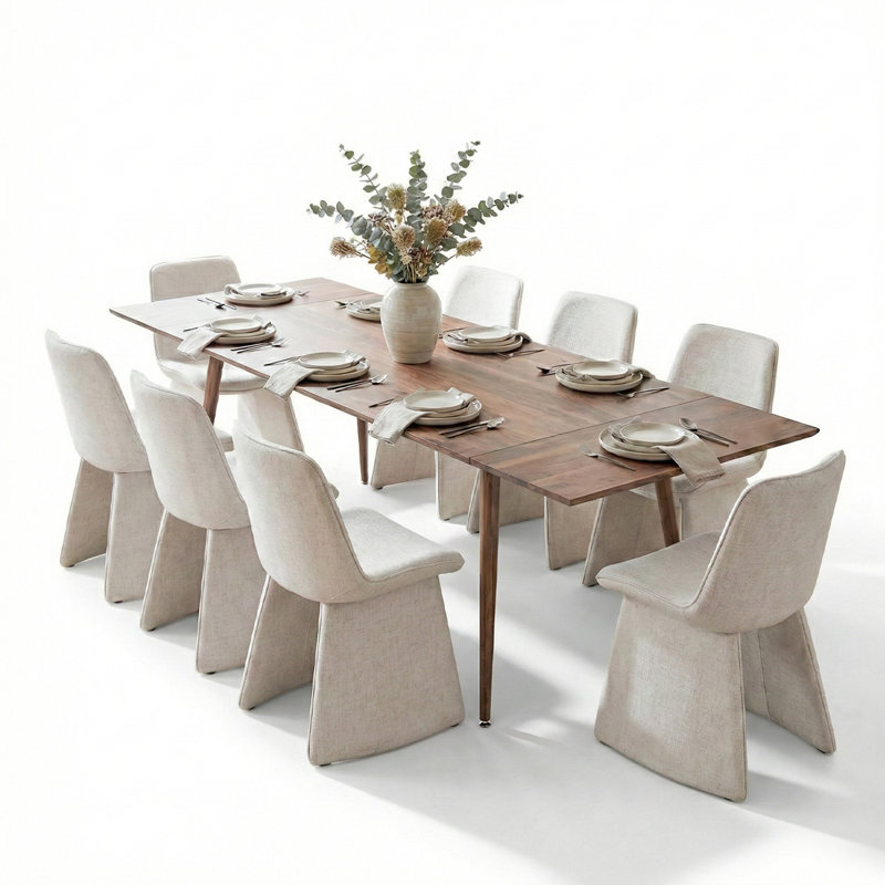 9-Piece Rectangular Extendable Dining Set With Linen  Chairs, Beige