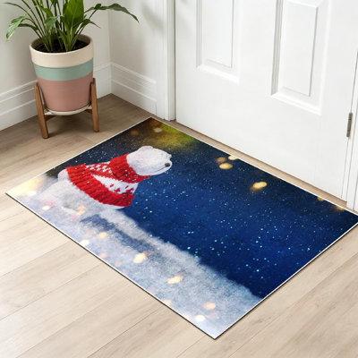 Tapis d'intérieur brun lavable à la machine, motif ours blanc, idéal pour les fêtes de Noël.