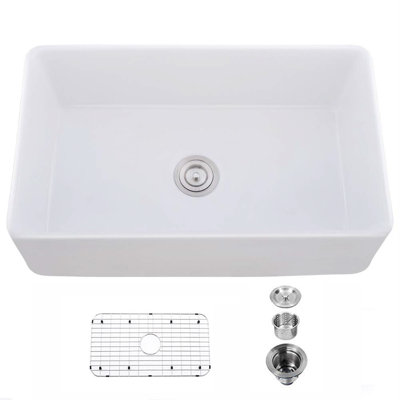 33" L X 20" W Single Basin Ceramic Farmhouse Kitchen Sink With Basket Strainer