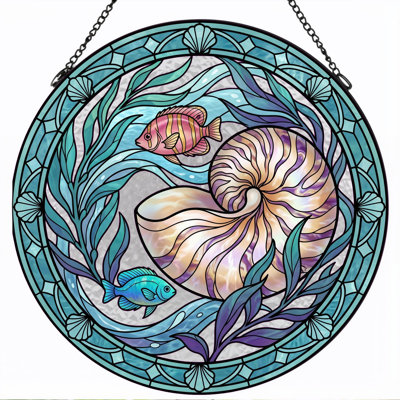 Ocean Shell Stained Glass Window Panel，7.8H