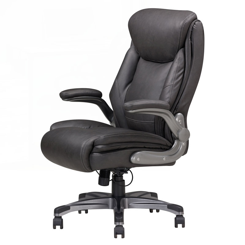 Chaise de bureau classique rembourrée en cuir reconstitué gris avec accoudoirs réglables, hauteur et pivot de 360 degrés, mobilier de bureau
