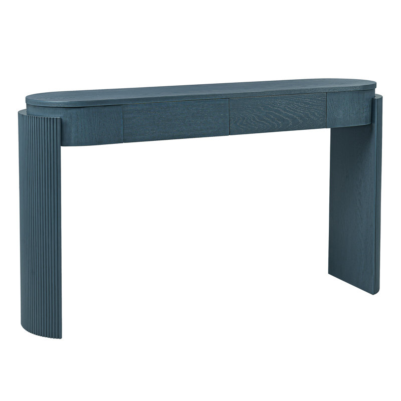 Console en bleu marine avec placage de chêne naturel, forme ovale, pieds cannelés, plateau de table à chargement manuel de 200 lb - détail classique appliqué, rangement pour la papeterie