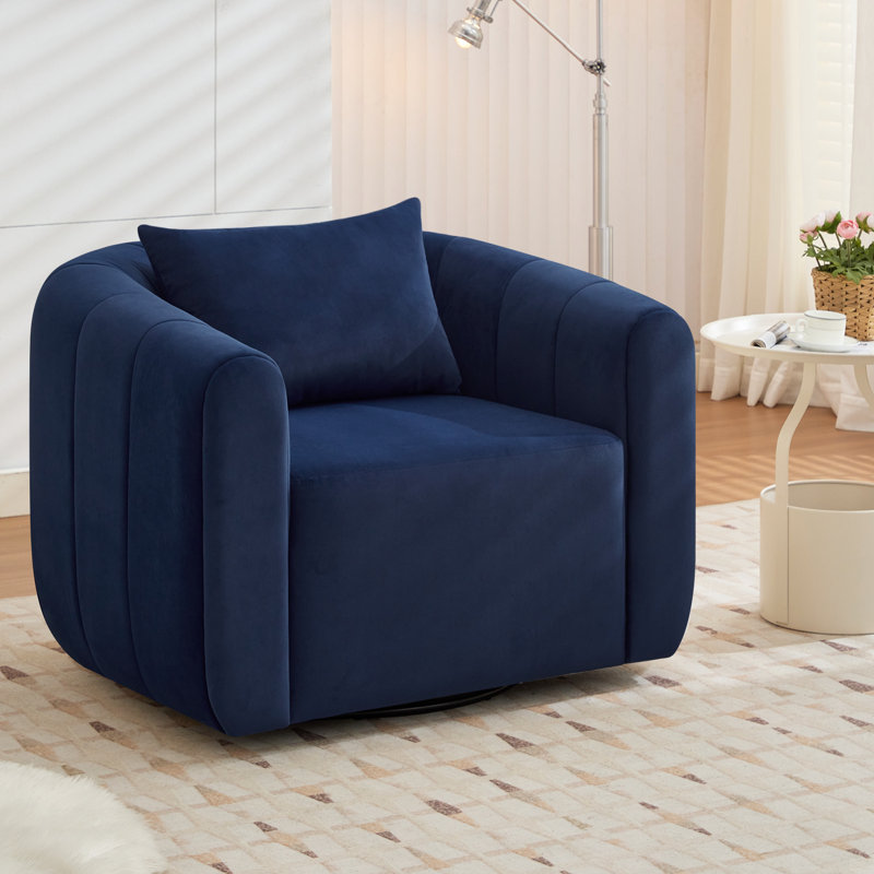 37” Wide Upholstered Swivel Chair, Blue Velvet