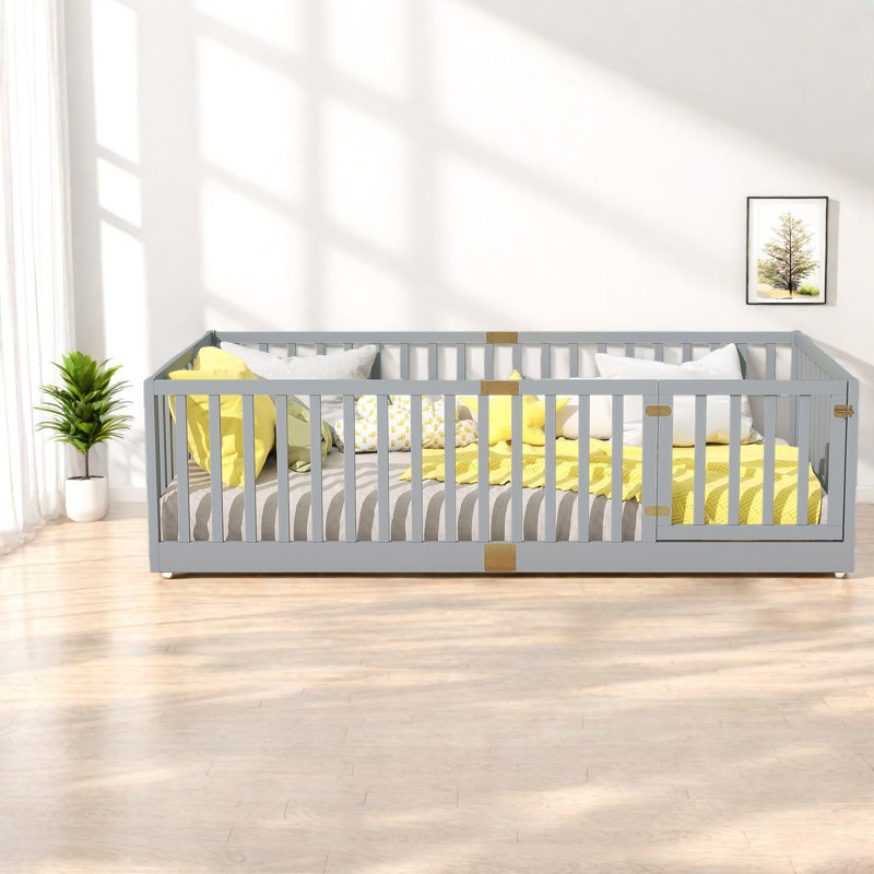 Multifunctional Compact Wood Floor Bed With High Safety Railings, Grey