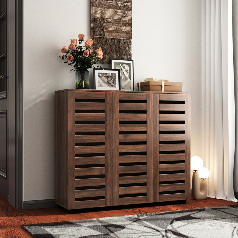 Étagère à chaussures fonctionnelle avec portes à persiennes et construction pour garde-robe moderne à 5 compartiments, Walnut