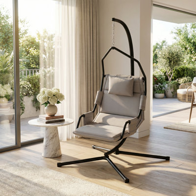 Balancelle suspendue, chaise hamac avec support et coussin de revêtement, avec structure en acier pour l'intérieur et l'extérieur