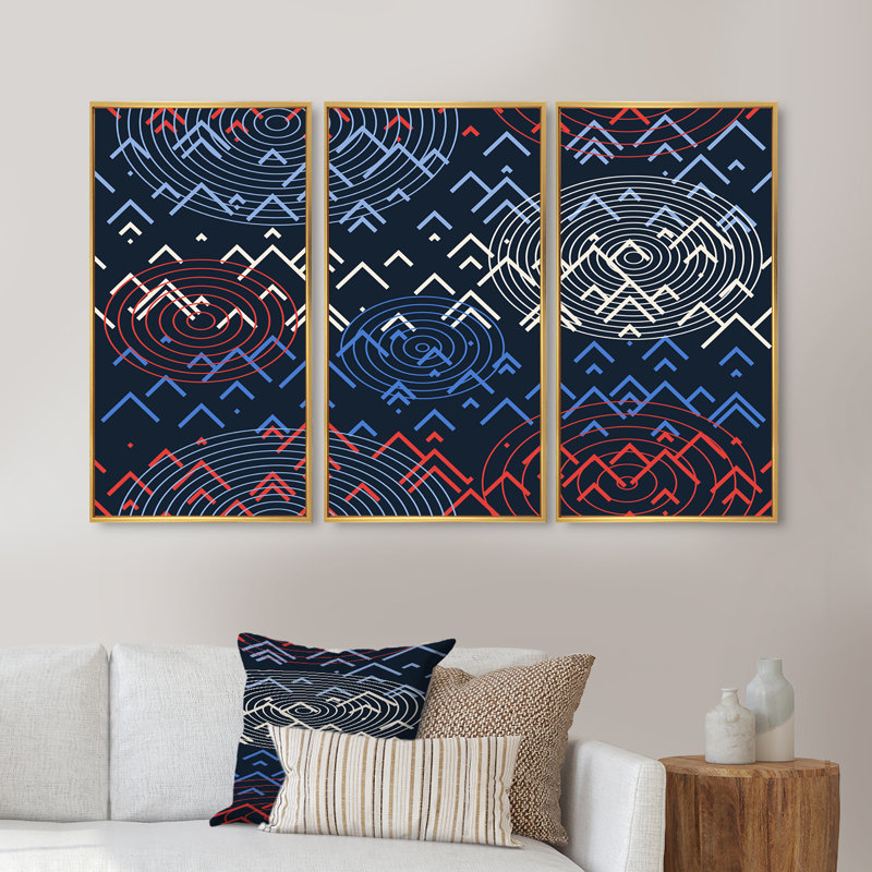 Bleu, blanc, rouge, triangles géométriques I, ensemble de 3 toiles encadrées, H 28 po x l 36 po x P 1 po, Blanc