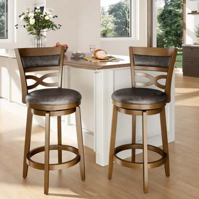 26” Vintage Upholstered Wood Counter Stool With Wide Back And Faux Leather Seat (Set of 2)